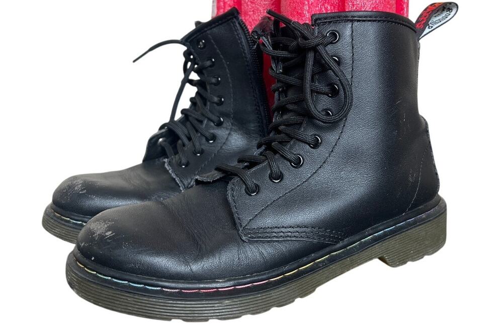 Dr. Marten Size 3 Kids Black Combat Boots Multi Stitch